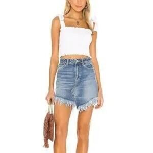 We The Free Bailey Denim Mini Skirt Frayed Raw Curved Hem Women 25